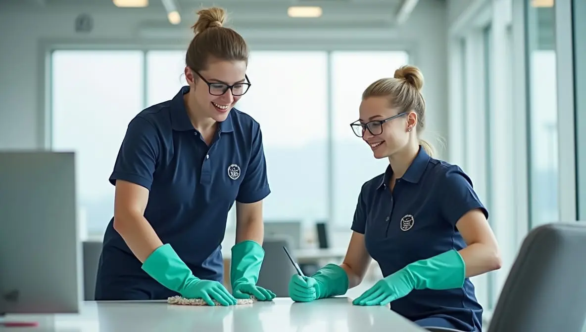 Commercial office cleaning team at work